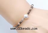 CFB839 4mm faceted round brown zebra jasper & potato white freshwater pearl bracelet