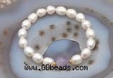 CFB901 9mm - 10mm rice white freshwater pearl & lavender amethyst stretchy bracelet