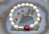 CFB916 9mm - 10mm rice white freshwater pearl & red tiger eye stretchy bracelet