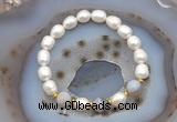 CFB918 9mm - 10mm rice white freshwater pearl & grey banded agate stretchy bracelet