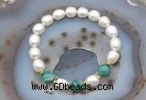 CFB922 9mm - 10mm rice white freshwater pearl & green banded agate stretchy bracelet