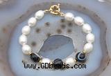 CFB923 Hand-knotted 9mm - 10mm rice white freshwater pearl & black banded agate bracelet