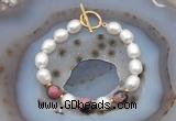 CFB929 Hand-knotted 9mm - 10mm rice white freshwater pearl & rhodonite bracelet