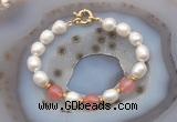 CFB935 Hand-knotted 9mm - 10mm rice white freshwater pearl & cherry quartz bracelet