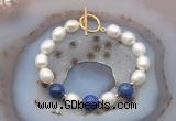 CFB941 Hand-knotted 9mm - 10mm rice white freshwater pearl & lapis lazuli bracelet