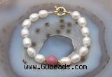 CFB947 Hand-knotted 9mm - 10mm rice white freshwater pearl & pink wooden jasper bracelet