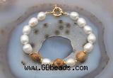 CFB950 Hand-knotted 9mm - 10mm rice white freshwater pearl & picture jasper bracelet