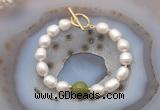 CFB954 Hand-knotted 9mm - 10mm rice white freshwater pearl & China jade bracelet