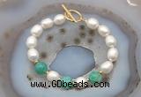 CFB962 Hand-knotted 9mm - 10mm rice white freshwater pearl & peafowl agate bracelet