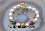 CFB982 Hand-knotted 9mm - 10mm rice white freshwater pearl & colorful tiger eye bracelet