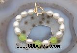 CFB993 Hand-knotted 9mm - 10mm rice white freshwater pearl & candy jade bracelet