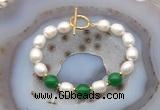 CFB994 Hand-knotted 9mm - 10mm rice white freshwater pearl & candy jade bracelet