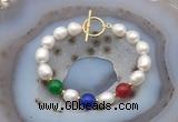 CFB998 Hand-knotted 9mm - 10mm rice white freshwater pearl & colorful candy jade bracelet