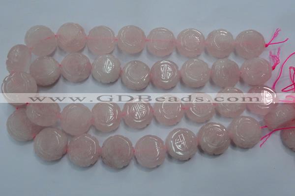 CFG205 15.5 inches 24mm carved coin rose quartz gemstone beads