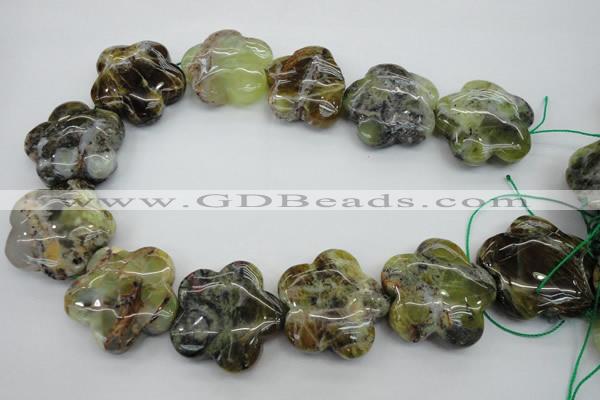 CFG935 15.5 inches 32*33mm carved flower yellow & green opal beads