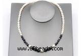 CFN127 potato white freshwater pearl & black banded agate necklace, 16 - 24 inches