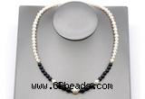 CFN128 potato white freshwater pearl & black agate necklace, 16 - 24 inches