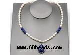 CFN154 baroque white freshwater pearl & lapis lazuli necklace with pendant