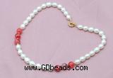 CFN308 Rice white freshwater pearl & red banded agate necklace, 16 - 24 inches