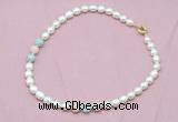 CFN318 9 - 10mm rice white freshwater pearl & morganite necklace wholesale