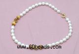 CFN319 9 - 10mm rice white freshwater pearl & golden tiger eye necklace wholesale