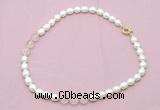 CFN322 9 - 10mm rice white freshwater pearl & rose quartz necklace wholesale