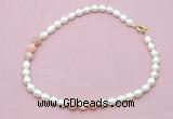 CFN324 9 - 10mm rice white freshwater pearl & pink opal necklace wholesale