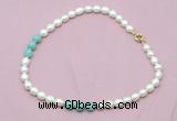 CFN325 9 - 10mm rice white freshwater pearl & amazonite necklace wholesale