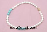 CFN326 9 - 10mm rice white freshwater pearl & blue howlite necklace wholesale