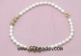 CFN327 9 - 10mm rice white freshwater pearl & yellow crazy lace agate necklace wholesale