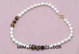 CFN328 9 - 10mm rice white freshwater pearl & yellow tiger eye necklace wholesale