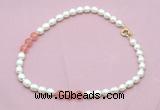 CFN334 9 - 10mm rice white freshwater pearl & cherry quartz necklace wholesale