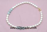 CFN335 9 - 10mm rice white freshwater pearl & aquamarine necklace wholesale