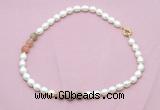 CFN337 9 - 10mm rice white freshwater pearl & rainbow moonstone necklace wholesale