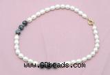 CFN339 9 - 10mm rice white freshwater pearl & snowflake obsidian necklace wholesale