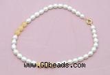 CFN342 9 - 10mm rice white freshwater pearl & honey jade necklace wholesale