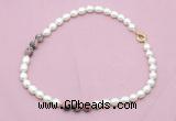 CFN345 9 - 10mm rice white freshwater pearl & rhodonite necklace wholesale