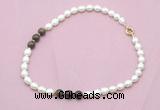 CFN346 9 - 10mm rice white freshwater pearl & bronzite necklace wholesale