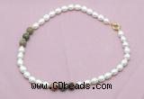 CFN347 9 - 10mm rice white freshwater pearl & unakite necklace wholesale