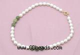 CFN348 9 - 10mm rice white freshwater pearl & China jade necklace wholesale