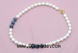 CFN351 9 - 10mm rice white freshwater pearl & dumortierite necklace wholesale