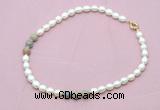 CFN357 9 - 10mm rice white freshwater pearl & serpentine jasper necklace wholesale