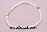 CFN359 9 - 10mm rice white freshwater pearl & white fossil jasper necklace wholesale