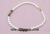 CFN360 9 - 10mm rice white freshwater pearl & picasso jasper necklace wholesale