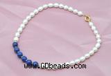 CFN403 9-10mm rice white freshwater pearl & lapis lazuli necklace