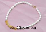 CFN405 9-10mm rice white freshwater pearl & yellow banded agate necklace