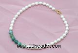 CFN407 9-10mm rice white freshwater pearl & green banded agate necklace