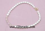 CFN414 9 - 10mm rice white freshwater pearl & rose quartz necklace