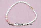 CFN417 9 - 10mm rice white freshwater pearl & pink opal necklace