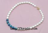 CFN419 9 - 10mm rice white freshwater pearl & apatite necklace